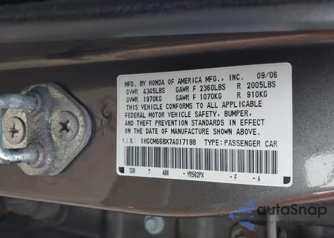 2007 Honda Accord 3.0 Ex z USA, uszkodzony, nr VIN 1HGCM668X7A017198